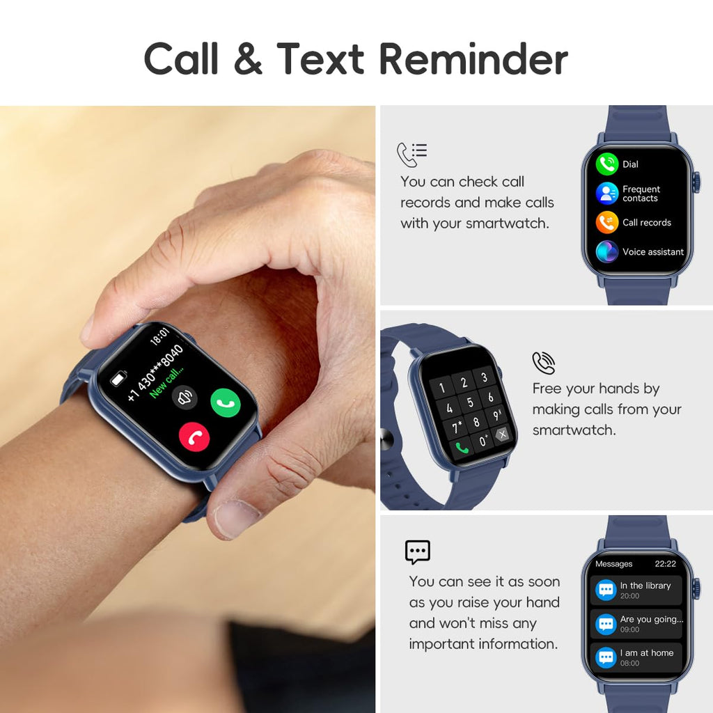 QTLLBT Smart Watch Sports Pedometer Fitness Tracker Bluetooth Call Heart Rate/Blood Oxygen/Sleep Monitor, 100 Sports Modes Waterproof For iOS Android Men's Women's Smart Watch (Blue)