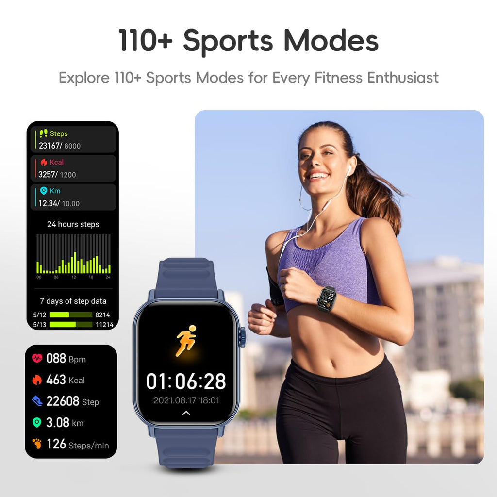 QTLLBT Smart Watch Sports Pedometer Fitness Tracker Bluetooth Call Heart Rate/Blood Oxygen/Sleep Monitor, 100 Sports Modes Waterproof For iOS Android Men's Women's Smart Watch (Blue)